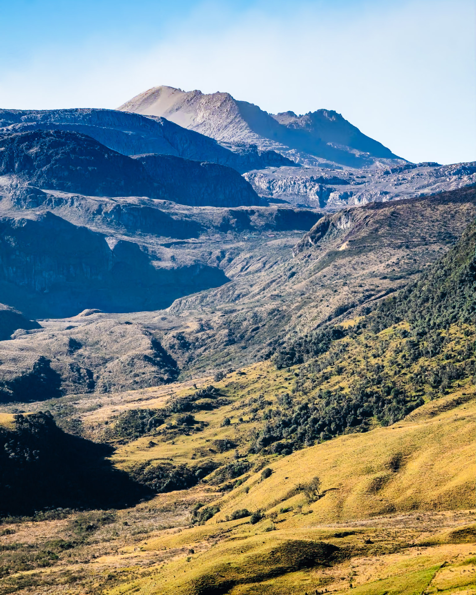 Valle del Parque Nacional Natural Los Nevados con el Volcán Nevado del Ruiz al fondo