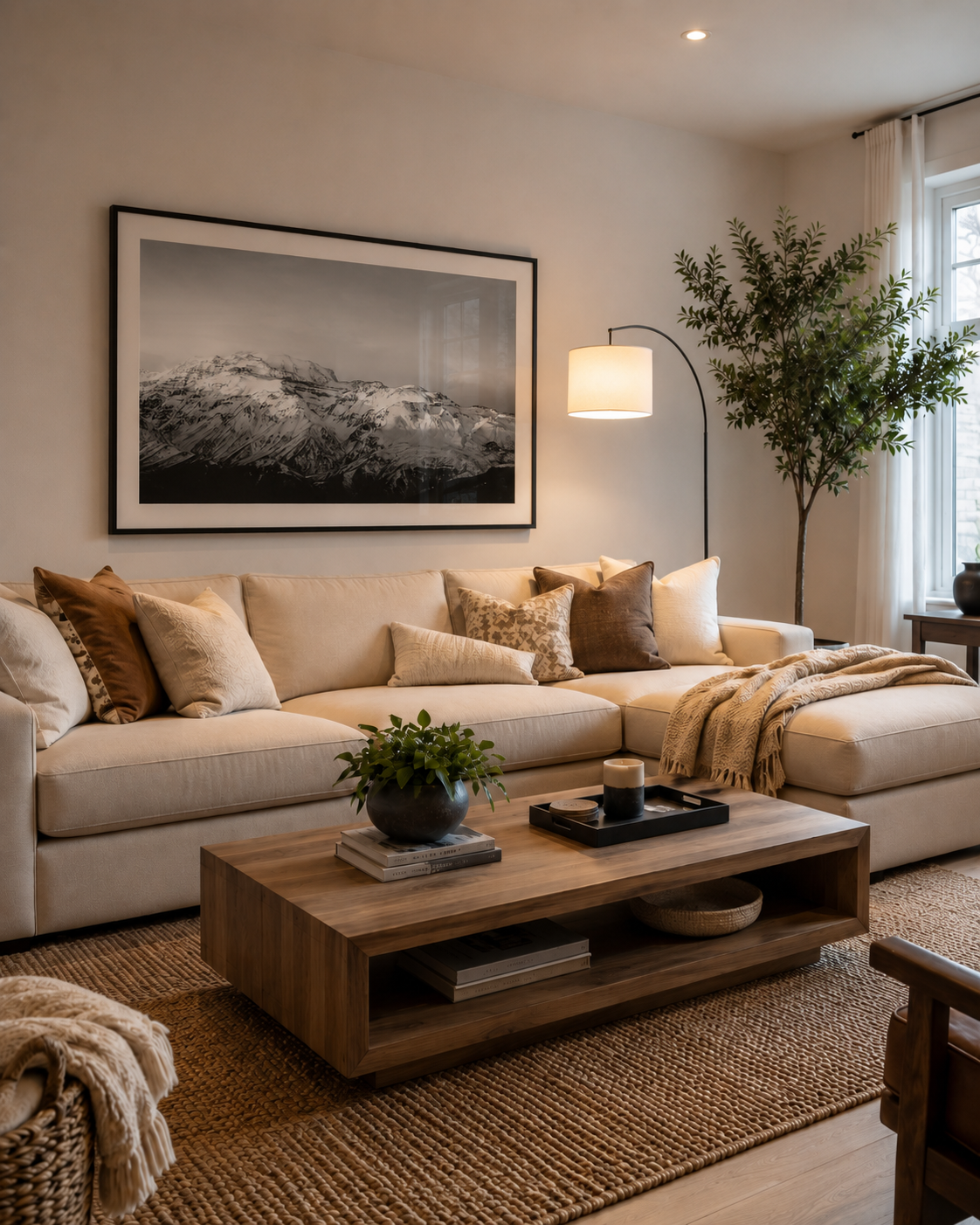 El Plomo en blanco y negro enmarcada sobre un sofá beige en un living con detalles de madera